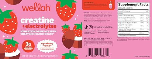 Image of Wellah Creatine + Electrolytes Powder (Strawberry Coconut) 30 Servings - Hydration Drink Mix with 3g of Creatine Monohydrate