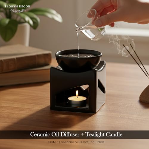 Image of Floryn Decor Ceramic Oil Burner Diffuser for Home & Office | Aroma Oil Burner with Tealight Candle | Ceramic Fragrance Diffuser for Aromatherapy, Relaxation & Home Decor (100ml) (Black)