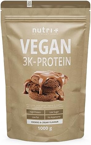 Nutri + Eiweißpulver Vegan Cookies & Cream 1 kg - 79% Eiweiß - 3k Protein Powder - Veganes Proteinpulver - Proteinisolat Pulver mit Keks Geschmack