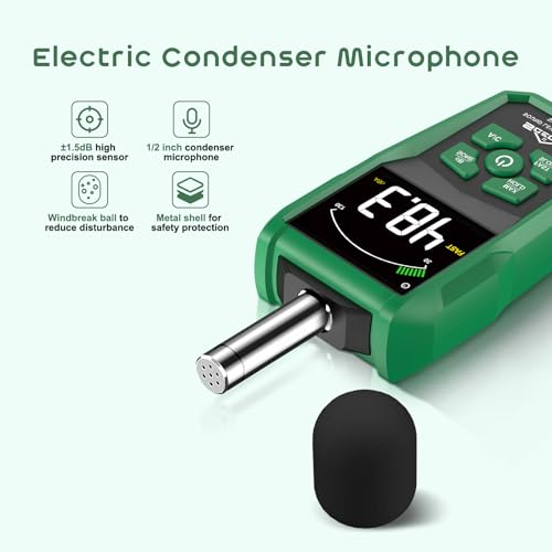 Dezibel Messgerät, SQECH Schallpegelmessgerät mit Farbigem Hintergrundbeleuchtetem Bildschirm, dB Messgerät mit A/C-Bewertung, dB/SONE-Einheiten, Schnelle/Langsame Reaktion, Bereich 30–130dB