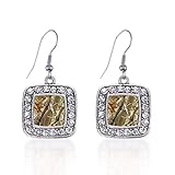 Inspired Silver - Brown Hunting Pattern - Silver Dangle Earrings for Women - Square Charm Earrings French Hook Drop with Cubic Zirconia - Women's Dangly Earrings Jewelry Gift