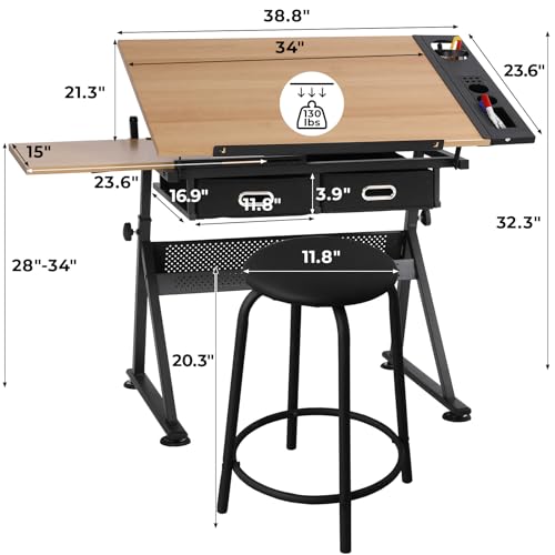 image for Arlopu Height Adjustable Drafting Table with Stool Set, Tilting Tablet