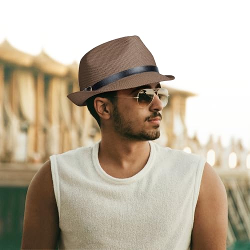 Image of Straw Trilby Fedora Hat for Men Women 1920s Panama Hat Short Brim Summer Beach Sun Hat with Band
