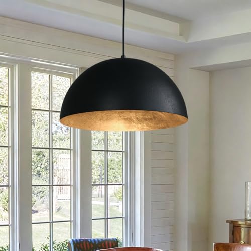 Fefoive 15 Inch Black and Gold Leaf Pendant Light Grainy Matte Black Dome Chandelier with Hand-Applied Gold Leaf Interior E26 Socket for Kitchen Island Dining Room or Bar