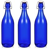 Teenyyou 3 Pcs Cobalt Blue Glass Bottle 1 L / 33.75 oz Decorative Bottles Blue Swing Top Glass Bottles with Airtight Lid for Homemade Wine DIY Make Your Own Drinks, Decoration for Centerpieces