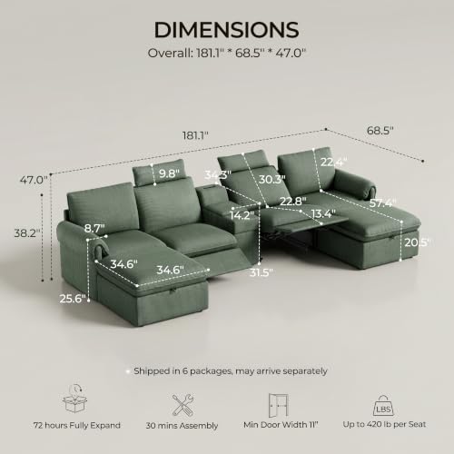 Image of CHIC HOUSE 181 inch 4-Seat Modular Power Reclining Sectional Couch, Green