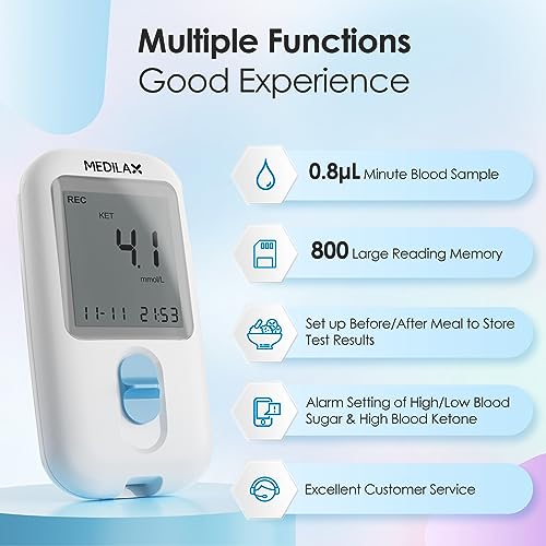 Medilax Ketone Monitor and Glucose Meter Kit - Dual Blood Sugar and Ketone Test Meter Kit with 10 Ketone Test Strips, 10 Glucose Test Strips, Lancets & Lancing Device, Strip Calibration Needed - Thumbnail 4