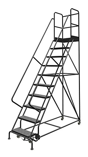 Image of Tri-Arc KDSR110246-D3 10-Step 30 inch Deep Top Steel Rolling Industrial & Warehouse Ladder with Handrails, 24 inch Wide Perforated Tread
