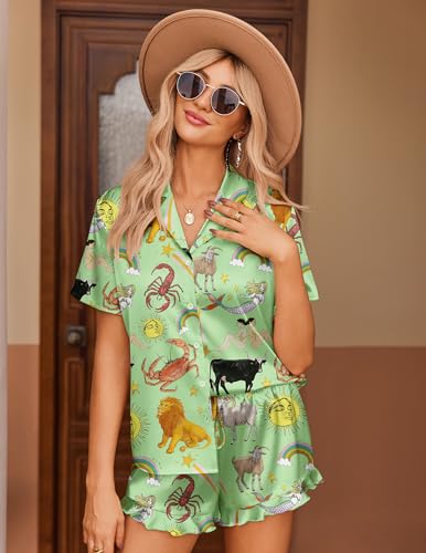 Image of Ekouaer Womens Satin Pajamas Set Button Down 2 Piece Silk Pjs Shorts Set Ruffle Lingerie Notch Collar Sleepwear