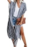 Dokotoo Womens Summer Beach Hawaiian Vacation Resort Wear Cruise Essentials Outfits Stripes Ladies Kimonos Long Cardigans Slit Shawl Plain Kimonos Beach Swimsuit Coverup Cover Up Swimwear Blue