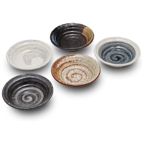 5.3 inches Serving Plates Set of 5, Rough Cut Shape Pottery, Dishwasher and microwave safe ,Japanese Traditional Style and Color, Dessert plates, Appetizer Plates, Salad Plates (Deep Plate) Cover