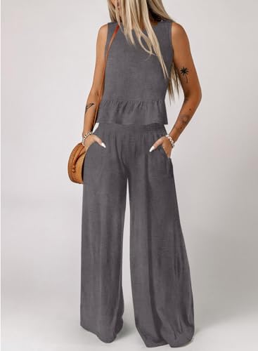 Dokotoo Pants Sets Women 2 Piece Outfits Sleeveless Round Neck Tank Tops Matching Sets for Women Elastic Waist Wide Leg2