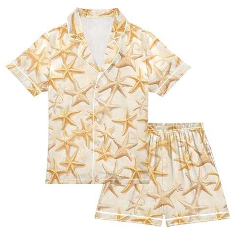 Yellow Starfish Pattern Summer Satin Pajama Set, Cute Button-Down Sleepwear Pj Set for Sleep Wears