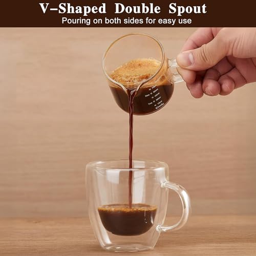 WATUNID 4 filiżanek do espresso ze szczotką, 75/150 ml, kubek z miarką, szklany z podwójnym dziobkiem i skalą, uchwytna