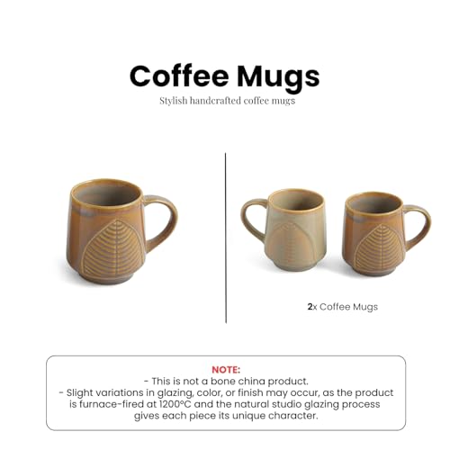 Image of ExclusiveLane 'Leaf & Lines' Ceramic Coffee Mugs Set of 2 (300 ml, in Gift Box, Microwave and Dishwasher Safe, Hand-Embossed) | Ceramic Coffee Mug Coffee Cup Tea Mugs Set Tea Cups Ceramic Mugs