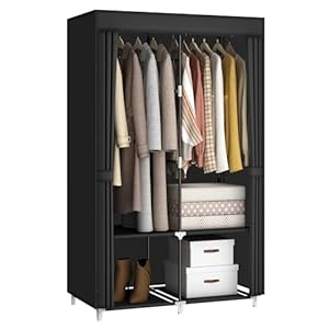 35 Inch Portable Wardrobe Closet for Small Room, Clothing Organizer Storage Rack with Non-Woven Fabric Cover, 2 Clothes Hanging Rods and 4 Storage Shelves, Black