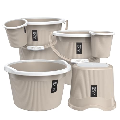 Image of KOLORR Luxe Bathroom Set (Bucket 20L x 2) + (Mug 1.5L x 2) + (Luxe Patla x 1) + (20L Tub x 1)|Sturdy and Durable |Lightweight| Easy to Clean and Attractive Design|Pack of 6| Sand Stone