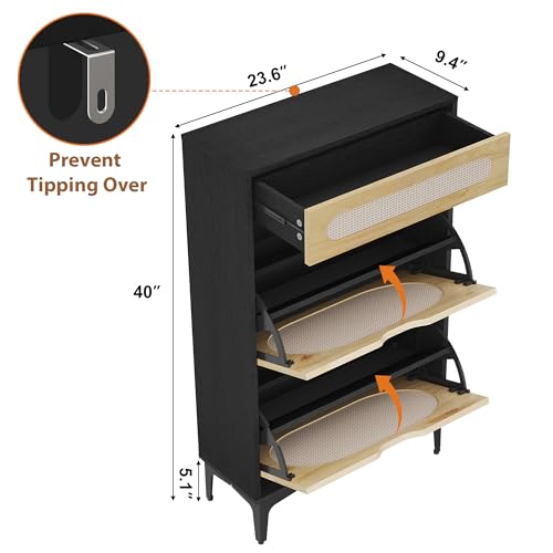 GarveeHome Rattan Shoe Cabinet with 2 Flip Drawers and 1 Pull-Out Drawer, Free Stand Shoe Storage Cabinet, 3 Adjustable Shelf, Narrow Shoe Cabinet for Entryway/Porch, Black