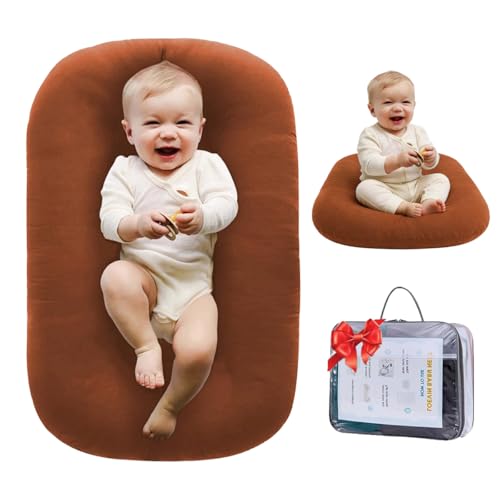 Loevin Baby Lounger for Newborn (0-24 Months), 100% Breathable Cotton Baby Nest, 3-in-1 Infant Lounger & Play Mat & Diaper Changing Pad, Portable for Home & Travel, Infant Essentials Gifts (Coffee)