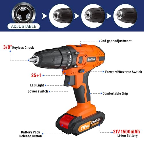 Cordless Combi Drill, 21V Power Drill Set, Electric Screwdriver Drill with 25+1 Torque Setting, 45Nm Power Tools Electric Drill Driver, 2 Speed, LED Light, 29pcs Accessories Battery Drill Kit for DIY - Image 4