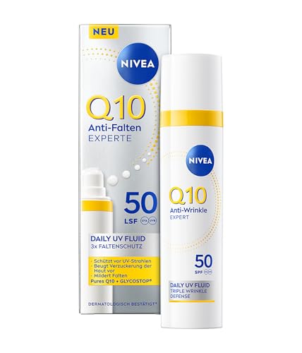 NIVEA Q10 Daily UV-Fluid Gesichtspflege mit LSF 50, Sonnencreme mit Q10, GLYCOSTOP und UV-Filter, nicht fettendes Q10 Anti-Falten Experte Sonnenschutz Fluid (40 ml)