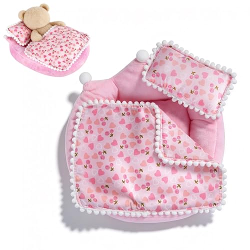 Labubu Bed Pink Strawberry Miniature Pillow Blanket Set Doll 10-17cm Furniture Compatible Boo-Boo Accessory Collectors Display Decor Shelf Photography Props Hobby Gift