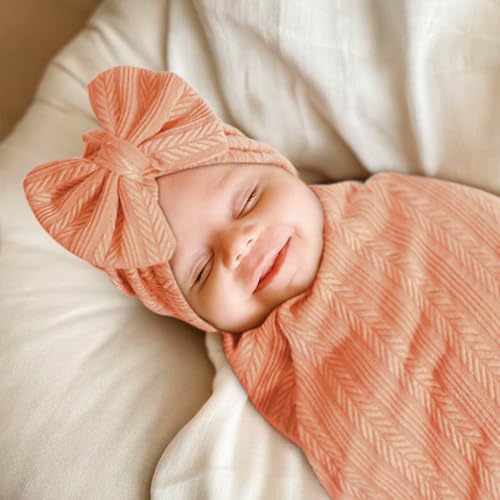 Image of AQOKKA Baby Swaddle Blankets with Bow Hat Headband Set Wheat-Pattern Infant Receiving Blankets Swaddles for Newborns Unisex Toddler Swaddle Wrap Sets for Baby Girls Boys Nursery Warm Shower Gift