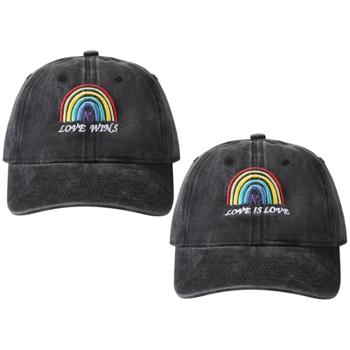 Image of Eurzom 2 Pcs LGBT Pride Baseball Hats Rainbow Embroidered Love Wins Cap Adjustable Gay Pride Month Rainbow Hat for Men Women