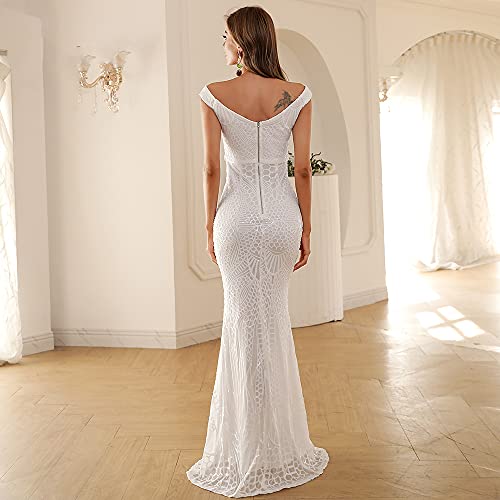 Lin Lin Q Women's Maxi Formal Off Shoulder Sequin Dress, Backless Sleeveless Slim Fit Mermaid Evening Party Gowns White #TOP2