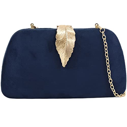 Milisente Clutch Purses For Women, Solid Soft Suede Evening Clutch Bag Shoulder Bag With Metallic Leaves Clasp(Navy Blue) #TOP7