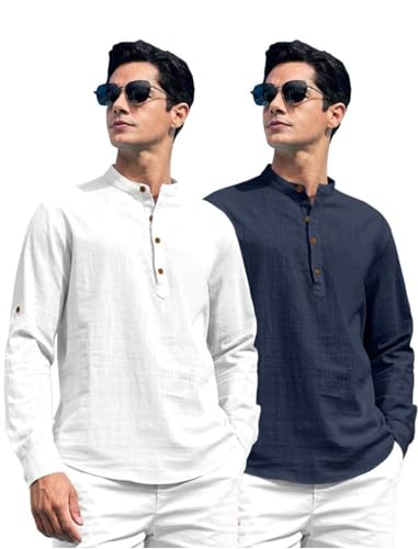 Image of ROYALSCOUT Combo of Men's Solid Cotton Blend Full Sleeve Straight Kurta Shirt (Pack of 2)