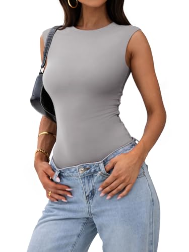 PINKMSTYLE Womens Tank Top Bodysuit Double Lined Crew Neck Summer Basic Sleeveless Going Out Body suits Tops Linght Grey Medium — view 3