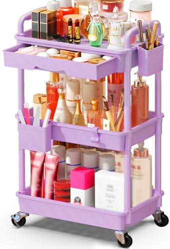 Image of SUNALLY Makeup Cart Organizer with Drawer,3 Tier Rolling Makeup Cart,Purple