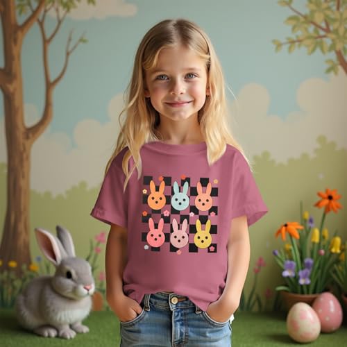 Image of CM C&M WODRO Kid Girl Easter T-Shirt Cute Bunny Flower Checkered Print Tees Summer Short Sleeve Shirt Tops 7-12 Years
