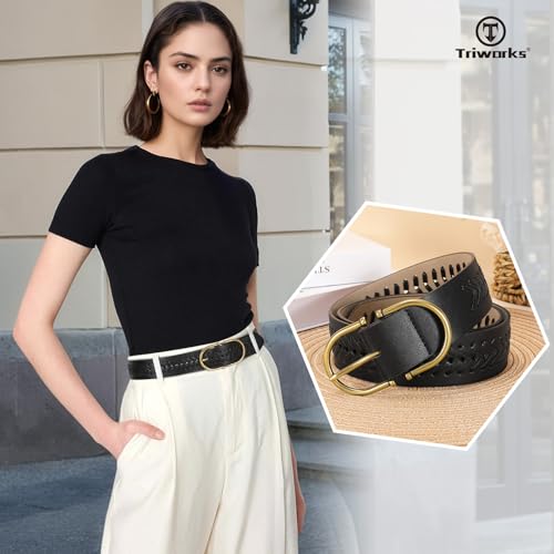 Women Braided Leather Belt with Gold Buckle for Jeans & Pants3