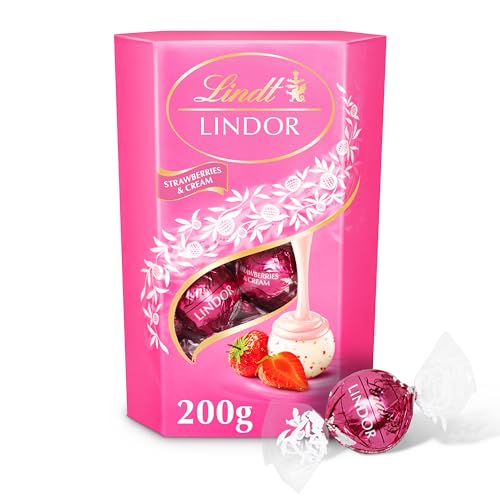 Lindt Lindor Strawberries and Cream Chocolate Truffles – 200g Box (Approx. 16 Balls) – Smooth Filling – Valentines Day, Mothers Day, Easter, Gift, Birthday, Congratulations Treat