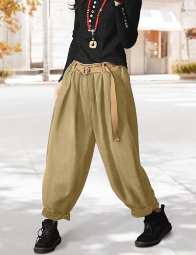 YESNO Baggy Cropped Pants for Women Casual Loose Elastic Waist Denim Trousers with Pockets PDJ3