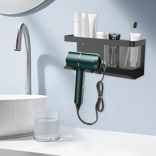 KTZCTPCA Hair Dryer Holder Rack, Wall Mount Blow Dryer Hanger, Aluminum Hair Blow Dryer Rack with Detachable Storage Box, Appliance Organizer for Hairdryer, Hair Brush, Hair Straightener (Black)