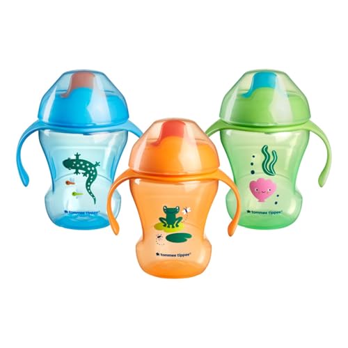Image of Tommee Tippee Trainer Sippee Cup, 7m+, 8oz, Pack of 3 Non-Spill Trainer Cups for Toddlers, Blue, Orange and Green, with Bite-Resistant Spout and Easy-Hold Handles, Travel Friendly and BPA Free