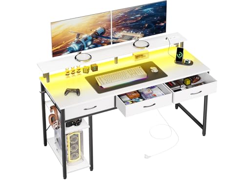 Seventable Schreibtisch mit Schubladen, Computertisch mit Steckdosen & LED, Gaming Tisch mit Monitorständer, Regal & 2 Haken, Gaming Schreibtisch für Büro, Wohnzimmer (Weiß, 100 cm)