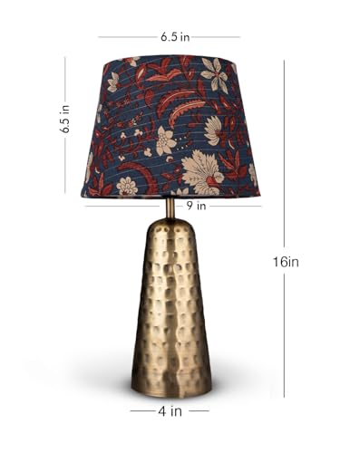 Image of Green Girgit Golden Hammered V-Shaped Lamp with Taper Muticolor Blue Shade | Galvanized Iron Bedside Night & Reading Table Lamp | Metal Handcrafted | Home & Living Room Decor Item