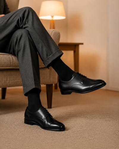 Image of Men's Premium Glossy Oxford Dress Shoes, Black, Lace-Up, Cushioned Comfort, TPR Sole, Classic Luxury Derby Style, for Wedding, Office, Business, Party
