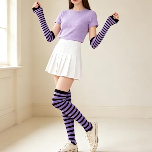 Image of YELAIVP Over Knee Rainbow Thigh High Socks Gloves Set Cosplay Accessories Arm Leg Warmers for Girls