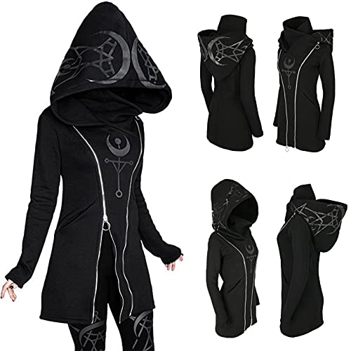 tuduoms Black Punk Gothic Hoodie Women Long Sleeve Zip Up Hoodie Moon Jacket Top Long Sweatshirts Plus Size Y2k Goth Clothing2