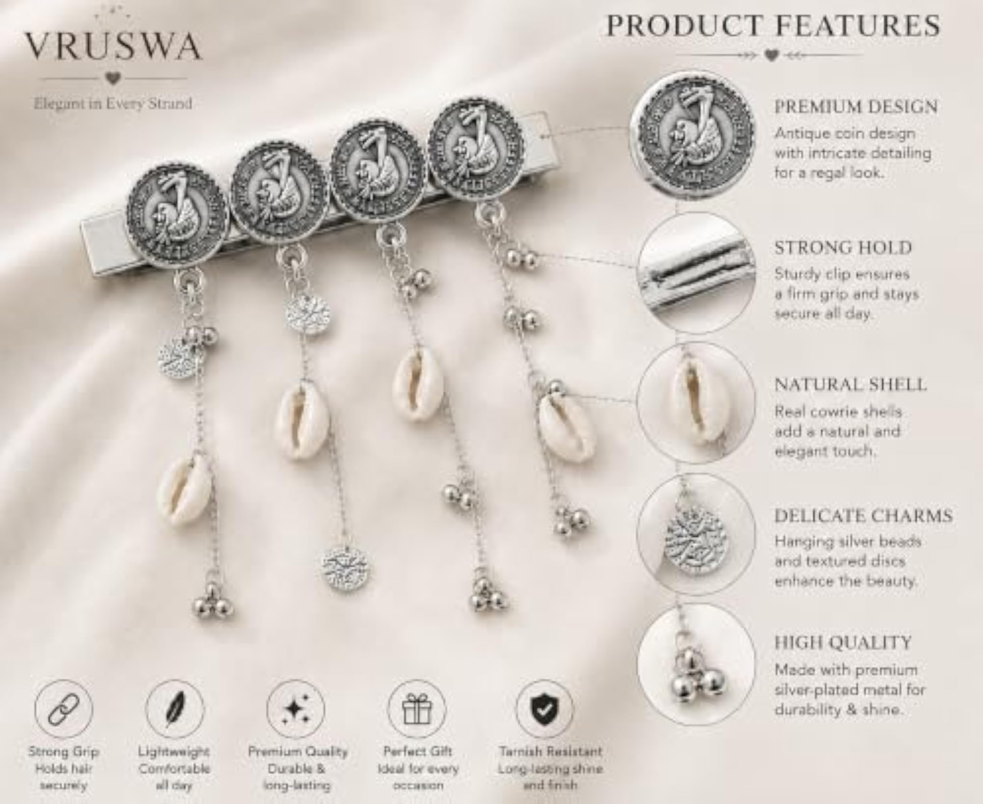 Boho Hair Clip with Cowrie Shell and Coin Chain Tassels
