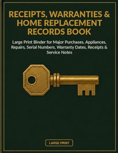 Receipts, Warranties & Home Replacement Records Book: Large Print Binder for Major Purchases, Appliances, Repairs, Serial Numbers, Warranty Dates, Receipts & Service Notes