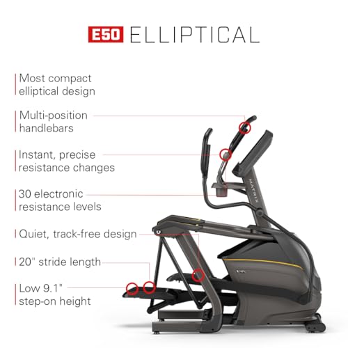 Image of Matrix Fitness E50 Elliptical with XUR | 22 inch Touchscreen (WiFi+BT+HDMI) | Low Impact Workouts, Full Body Cardio, High Calorie Burn | Space Saving Compact Design, Suspension Elliptical