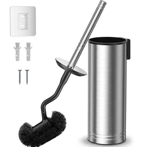 HAMITOR Toilet Brush and Holder Set: 304 Stainless Steel Heavy Duty Deep Cleaning Bowl Cleaner Brush with Curved Bristle - Wall-Mounted for Home Apartment Bathroom Accessories Silver 1 Pack
