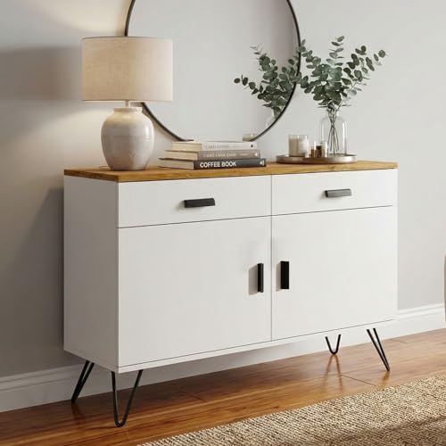 Image of FFO cabinets for Living Room | Wooden Living Room Storage Cabinet with Drawers, Side Cabinet for Bedroom, Modern Wood Finish, 2 Door Cupboard with Metal Legs White and Coach Wood DIY.