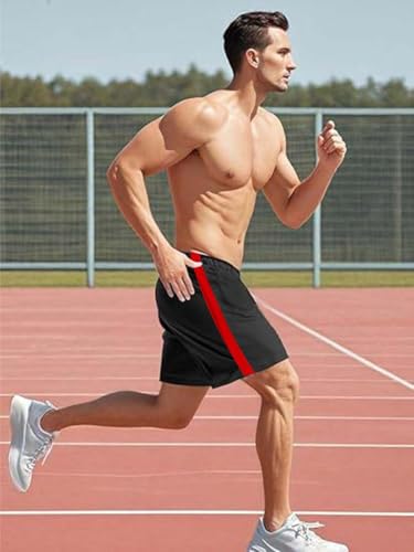 Image of JUST RIDER Men's Athletic Shorts with Side Stripe, Quick Dry, Black and Red, with Pockets